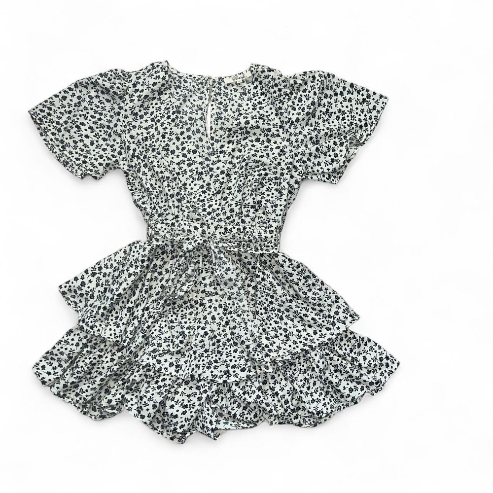 blush black white floral ruffle romper women's large